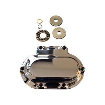 Hydraulic side door cover. Used to convert cable operated clutch to hydraulic on OEM 6-speed transmissions. Heavy duty design and includes a heavy duty throw-out bearing with a larger surface area. CNC machined from 6061 billet aluminum. 
Note: Requires a 11/16" bore handlebar master cylinder. 
Note: Does not include the hydraulic clutch line. 
Note: See 'Goodridge hydraulic clutch lines' for pre-assembled approved clutch lines in various lengths.