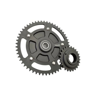 With 54T rear sprocket for stock drive ratio. 
Big power and/or aggressive riding styles can break belts. A good chain can handle more torque, as Trask Performance knows from experience and the reason why this chain conversion kit is developed. The rear sprocket comes with a carrier which is compatible with the OEM 09-up style rubber vibration damper for an effortless install. 
Note: A chain is not included and must be ordered separately. High quality 530 O-ring chain is recommended. Use a 130 link chain with the 51T sprocket, a 140 link chain is recommended with the 54T rear sprocket. 
Note: See 701155 for the hassle-free Trask axle adjuster set for 20-up models with rear chain drive conversion. 
Note: Rear sprockets with a different tooth/ratio are interchangeable with the rear sprocket carrier. 
Cush Drive part numbers overview: 
- 51 tooth sprocket conversion kit (MCS 963442) gives standard drive ratio 
- 54 tooth sprocket conversion kit (MCS 963440) gives smaller ratio (more RPM) for more 'punch out of the hole' and track use 
- 51 or 54 tooth replacement Cush Drive sprocket MCS 963443/963441 
- 25 tooth replacement transmission sprocket MCS 964971