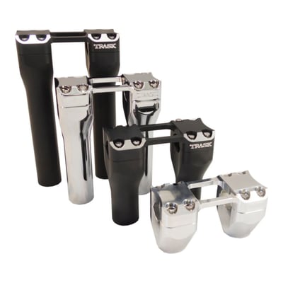 With 1.25" clamping area. 
Perfect to compliment the Trask Performance V-Line handlebars, or any other bar for that matter. Precision machined from billet aluminum with clean cut connector beams between the left & right riser for added strength and torque resistance without the bulk. The open design provides the sharp, clean looks to your bike for the sophisticated killer look, still providing a high strength riser set-up for any height or width bar. 
Riser mount holes come with the stock H-D 3.5" center to center spacing. 
Re-use OEM 1/2-13 threaded riser bolts. 
Note: Higher than stock risers may require longer than stock wiring.