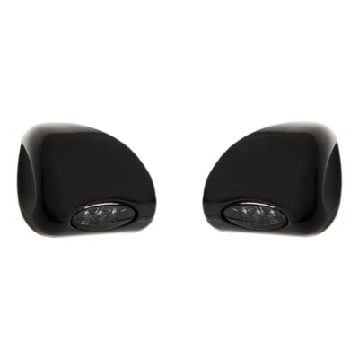 Black anodized. With DLR (Daytime Running Lamps). CNC machined from billet aluminum. Great solution to replace the over dimensioned stock items. With SMD LED technology allowing super small physics but very bright turn signal lighting. Comes with smoke lenses that are E-marked. Bolt-on to stock mounts. 
Fits Road Glide models with the classic 15-24 Sharknose fairing. 