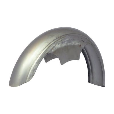 - 120mm wide. 
- 355mm radius. 
- 110cm Long. 
- 1.5mm thick steel. 
Custom steel front fender by Peter Penz. 

Note: Length is measured around the radius. Width is measured from inside to inside and mentioned for reference only.
