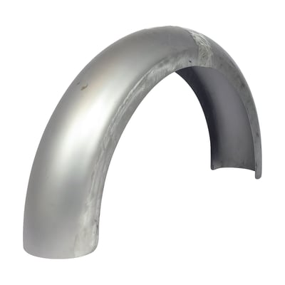 - 132mm wide. 
- 380mm radius. 
- 115cm Long. 
- 1.5mm thick steel. 
Custom steel front fender by Peter Penz. 

Note: Length is measured around the radius. Width is measured from inside to inside and mentioned for reference only.