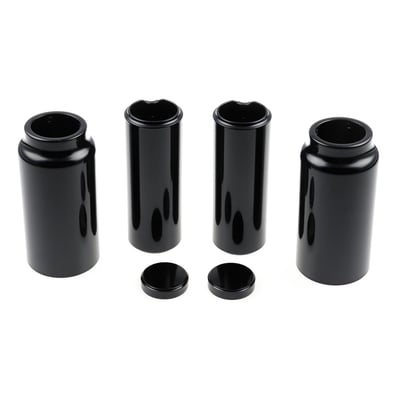 Long version. This kit requires the removal of the original headlamp mask. Turn signals and brackets must be removed.
Kit with gloss black powder coated CNC machined aluminum covers. Covers the full front fork from bottom to top of the upper triple tree. Includes aluminum fork tube caps, upper & lower fork covers Transforms the complete front end to a massive Black-Out muscle bike look. Compatible with stock and custom fenders. Installs with set-screws. All required hardware is included.