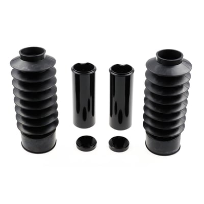 Long version. This kit requires the removal of the original headlamp mask. Turn signals and brackets must be removed.
Rubber lower fork boots & gloss black powder coated CNC machined aluminum fork caps and upper fork covers. Covers the full front fork from bottom to top of the upper triple tree. Includes aluminum fork tube caps, upper covers and genuine black rubber bobber boots for a touch of retro. Transforms the complete front end to a massive Black-Out muscle bike look. Compatible with stock and custom fenders. Installs with set-screws. All required hardware is included.