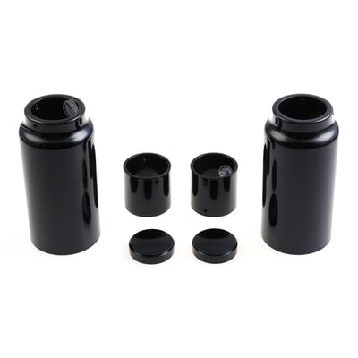 Short version: This kit will work with the OEM headlamp mask, but turn signals and turn signal brackets must be removed.
Kit with gloss black powder coated CNC machined aluminum covers. Covers the full front fork from bottom to top of the upper triple tree. Includes aluminum fork tube caps, upper & lower fork covers Transforms the complete front end to a massive Black-Out muscle bike look. Compatible with stock and custom fenders. Installs with set-screws. All required hardware is included.