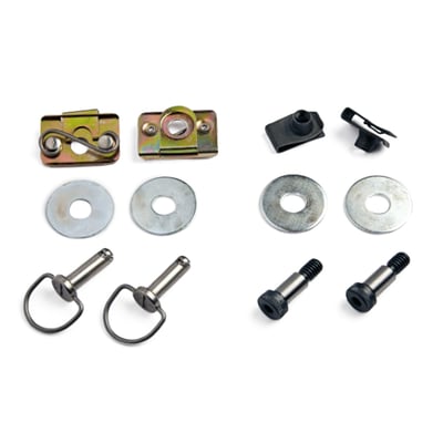 This Secure fit 2 bolt fastener kit comes with 2 secure fit bolts, 2 secure fit receptacles, 2 bail head 1/4 turn fasteners, 2 bail head receptacles and 4 washers