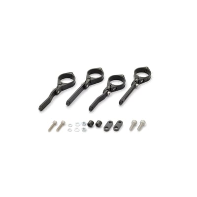 For 41mm diameter fork tubes. 
Black anodized CNC machined aluminium construction. 
These brackets have two clamps that can slide up and down the fork tube. 
By sliding both you can move your headlamp up and down, by sliding only one you can position the headlamp further in or out. 
Complete with turn signal mount kit for M8 threaded turn signals.