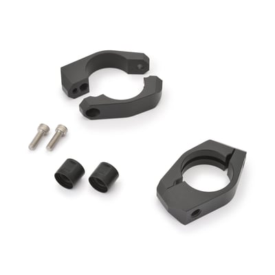 - For 35mm diameter fork tubes 
- Includes two CNC machined aluminum 2-piece clamps, with required hardware 
- Black painted finish 
- Compatible with all 8mm threaded turn signals 
- Probably the easiest way to install turn signals to your motorcycle 
- Allows installation around the fork tube without removing or disassembling other components 
- The slim design makes them hardly noticeable 
- A groove is machined inside of the clamp so wiring can be hidden 
