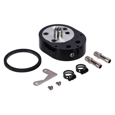 With thermostat. 
Offset design is required when installing an oil cooler on any TCA (Dyna, Touring) or TCB (Softail) Twin Cam model. It is optional for cooler installation on all fuel injected Evo Big Twins with engine mounted spin-on oil filters for easy access to oil lines. Adapter allows the oil to flow through the filter before entering the cooler, resulting in less restriction. 
After filtration, the oil will by-pass the oil cooler automatically while the engine warms up to standard operating temperature. Once the bike reaches operating temperature, the thermostatic actuator begins movement at 185ºF (85°C) and by 195ºF (90.6°C) closes the by-pass hole completely and the sends 100% of the hot and filtered oil to the oil cooler, and delivering cooler, clean oil to the engine. 
Oil flow direction from adapter: oil feeds the oil cooler from the fitting on the left side and returns to the fitting on the right side, as viewed from front with oil filter adapter fittings at bottom. 
Note: See 970706 for replacement thermostat with gasket service kit and 970727 for the gasket service kit only. 