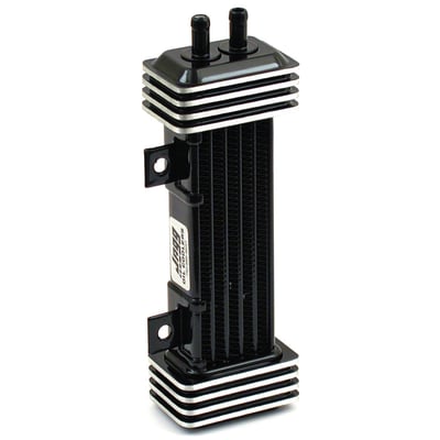 Black with contrast cut machined aluminum cooling fins. 
Deluxe 1000 series unit only with mounting tabs. 
A 6-row oil cooler featuring machined billet aluminum end caps and contrast-cut machined to style match and complement engine cylinder fins. 
Integrated mounting tabs for easy mounting to the frame tube using Jagg frame tube clamps like: 
- 970744 1" cooler clamp 
- 970745 1-1/8" cooler clamp 
- 970746 1-1/4" cooler clamp 
- 970734	1-3/8" cooler clamp 
- 970748 1-1/2" cooler clamp 
