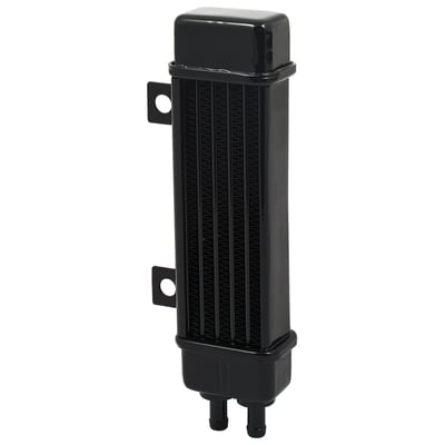 Black. 
Non-fan assisted. 
Vertical frame mounted. 
Kit includes the oil cooler, mounting hardware, thermostat equipped offset oil filter adapter, oil hose and oil hose clamps. 
Nothing else required for a successful installation.
Note: Vertical frame mounted oil coolers may not fit models with lower fairings.