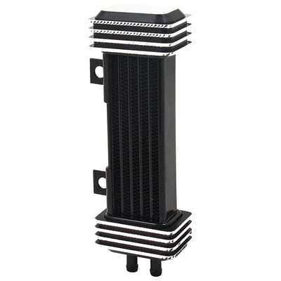 Black Diamond. 
Non-fan assisted. 
Vertical frame mounted. 
Kit includes the oil cooler, mounting hardware, thermostat equipped offset oil filter adapter, oil hose and oil hose clamps. 
Nothing else required for a successful installation.
Note: Vertical frame mounted oil coolers may not fit models with lower fairings.
