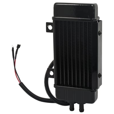 Black. 
With FAN assisted forced cooling that supply a 50mph (80km/h) breeze, even when idling in a traffic jam.
Auto-start via the built-in thermostat that triggers the 4" diameter fan at 210°F / 99°C.
Vertical frame mounted. 
Kit includes the oil cooler, mounting hardware, thermostat equipped offset oil filter adapter, oil hose and oil hose clamps. 
Nothing else required for a successful installation. 
Note: Vertical frame mounted oil coolers may not fit models with lower fairings.