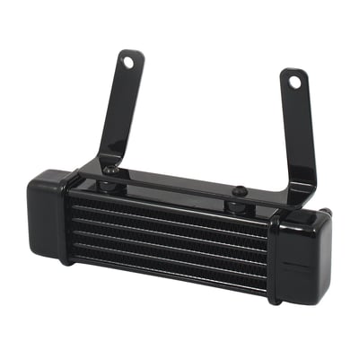 Black. 
Non-fan assisted. 
Horizontal frame mounted. 
Kit includes the oil cooler, mounting hardware, thermostat equipped offset oil filter adapter, oil hose and oil hose clamps. 
Nothing else required for a successful installation.