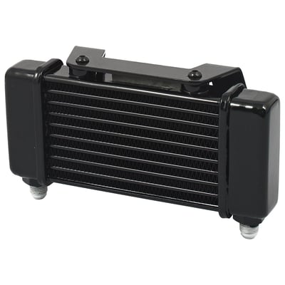Black.
Horizontal frame mounted.
Non-fan assisted.
Kit includes the oil cooler, mounting hardware, thermostat equipped offset oil filter adapter, oil hose and oil hose clamps.
Nothing else required for a successful installation.