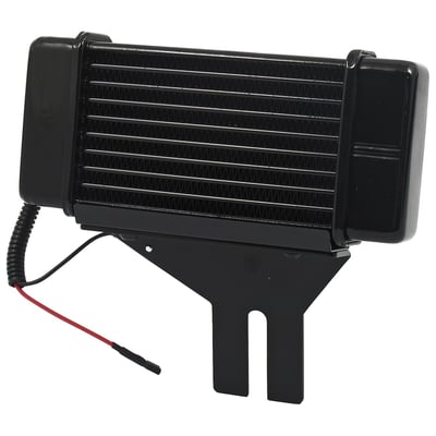 Black. 
With FAN assisted forced cooling that supply a 50mph (80km/h) breeze, even when idling in a traffic jam.
Auto-start via the built-in thermostat that triggers the 4" diameter fan at 210°F / 99°C.
Horizontal frame mounted.  
Kit includes the oil cooler, mounting hardware, thermostat equipped offset oil filter adapter, oil hose and oil hose clamps. 
Nothing else required for a successful installation.
