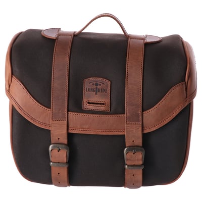 Longride Heritage saddlebag only without mounting brackets. Designed to be used with model specific or universal 'Click & Lock' Longride saddlebag brackets. 
The low profile carrying handle is perfect for off-bike use. 
The Click & lock system makes it easy to remove the bag from your bike and carry your gear with you or into house, motel or tent. Manufactured from waxed cotton material with genuine Ranger Leather. 
Can be used left & right since bags are symmetrical. 
Approx. dimensions: 29cm high x 29cm wide x15cm deep. Approx. volume 14 liter. 
Note: Universal 986406/986407 or a model specific saddlebag bracket is required for on-bike mounting and sold separately. 
Note: Some models will require turn signals relocated to the rear of the fenders struts.