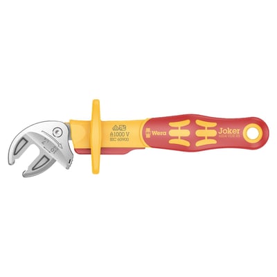 Extra Small. 
7-10mm in metric and 1/4" to 3/8" in US sizes. Mouth width 7.7mm. Overall length 119mm.
VDE (Verein Deutsche Elektriker) insulated self setting spanners. Individually tested at 10.000 Volts, in accordance with IEC 60900, which ensures safe working with live wiring up to 1000 Volts. The sliding function allows safe opening of the jaws. Contacting the non-insulated jaws is not required. 
The 6004 series Joker is similar to a regular adjustable wrench, and that is also where the similarity stops. The Joker is auto-adjusting and with its smooth parallel jaws it offers a secure grip on bolt and nuts, without causing damage. Additionally it has an actual built-in ratcheting function with a 30° back-pivoting angle.