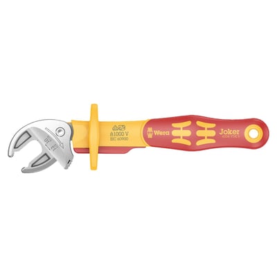 Small. 
10-13mm in metric and 7/16" to 1/2" in US sizes. Mouth width 10mm, overall length 155mm. 
VDE (Verein Deutsche Elektriker) insulated self setting spanners. Individually tested at 10.000 Volts, in accordance with IEC 60900, which ensures safe working with live wiring up to 1000 Volts. The sliding function allows safe opening of the jaws. Contacting the non-insulated jaws is not required. 
The 6004 series Joker is similar to a regular adjustable wrench, and that is also where the similarity stops. The Joker is auto-adjusting and with its smooth parallel jaws it offers a secure grip on bolt and nuts, without causing damage. Additionally it has an actual built-in ratcheting function with a 30° back-pivoting angle.