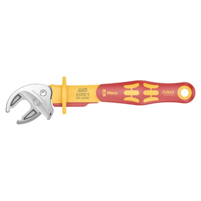 Large. 
16-19 mm in metric and 5/8" to 3/4" in US sizes. Mouth width 14mm, overall length 226mm. 
VDE (Verein Deutsche Elektriker) insulated self setting spanners. Individually tested at 10.000 Volts, in accordance with IEC 60900, which ensures safe working with live wiring up to 1000 Volts. The sliding function allows safe opening of the jaws. Contacting the non-insulated jaws is not required. 
The 6004 series Joker is similar to a regular adjustable wrench, and that is also where the similarity stops. The Joker is auto-adjusting and with its smooth parallel jaws it offers a secure grip on bolt and nuts, without causing damage. Additionally it has an actual built-in ratcheting function with a 30° back-pivoting angle. 
