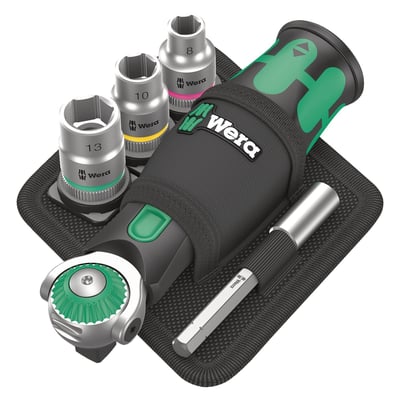 18-piece set; 1 Zyklop Pocket 8009 for 3/8" sockets as well as 3/8" connectors with square head drive; also suitable for bits with 1/4" external hexagon drive as per DIN ISO 1173-C 6.3 and E 6.3 and Wera connection series 1 and 4. 3/8" ratchet and 1/4" bit ratchet screwdriver; freely swivelling ratchet head; pre-defined positions at 0°, 15° and 90° to the left and right; can be used as conventional screwdriver in the 0° position; clockwise/counterclockwise switching, fine-toothed, small return angle of 5°; magnetic direct mounting. Multi-component Kraftform handle for fatigue-free working; captive, freely swivelling magazine with 12 bits integrated in the handle, 1 /4", 25 mm length; one universal holder (75 mm length) with stainless steel sleeve and strong permanent magnet, suitable for mounting bits with 1/4" external hexagon drive as per DIN ISO 1173-C 6.3 and Wera connection series 1; 3 Zyklop sockets, 3/8"; one robust textile tool holster 9468, can be attached to the belt and docked onto the Wera 2go system. 
With Metric sockets 
Includes: 
Ratchet: 8009 1x 3/8"x1/4"x133,0. 
Bit holder: 893/1/1 1x 1/4"x75. 
Phillips bits: 851/1 BTZ 1x PH 1x25; 1x PH 2x25. 
Pozidriv bits: 855/1 BTZ 1x PZ 1x25; 1x PZ 2x25. 
Torx bits: 867/1 TORX® BTZ 1x TX 10x25; 1x TX 15x25; 1x TX 20x25; 1x TX 25x25. 
Hex bits: 840/1 BTZ 1x 3,0x25; 1x 4,0x25; 1x 5,0x25; 1x 6,0x25. 
Sockets: 8790 HMB 1x 8,0x29,0; 1x 10,0x29,0; 1x 13,0x29,0. 
Textile pouch: 9468 1x 155,0x65,0. 
Hook & loop fasteners: K 70 1x 50,0x70,0.