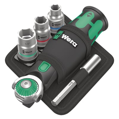 18-piece set; 1 Zyklop Pocket 8009 for 3/8" sockets as well as 3/8" connectors with square head drive; also suitable for bits with 1/4" external hexagon drive as per DIN ISO 1173-C 6.3 and E 6.3 and Wera connection series 1 and 4. 3/8" ratchet and 1/4" bit ratchet screwdriver; freely swivelling ratchet head; pre-defined positions at 0°, 15° and 90° to the left and right; can be used as a conventional screwdriver in the 0° position; clockwise/counterclockwise switching, fine-toothed, small return angle of 5°; magnetic direct mounting. Multi-component Kraftform handle for fatigue-free working; captive, freely swivelling magazine with 12 bits integrated in the handle, 1/4", 25 mm length; one universal holder (75 mm length) with stainless steel sleeve and strong permanent magnet, suitable for mounting bits with 1/4" external hexagon drive as per DIN ISO 1173-C 6.3 and Wera connection series 1; 3 Zyklop sockets, 3/8"; one robust textile tool holster 9468, can be attached to the belt and docked onto the Wera 2go system.
With US sockets
Includes: 
Rachet: 8009 1x 3/8"x1/4"x133,0. 
Bit holder: 893/1/1 1x 1/4"x75. 
Phillips bits: 851/1 BTZ 1x PH 1x25; 1x PH 2x25. 
Torx bits: 867/1 TORX®BTZ 1x TX 10x25; 1x TX 15x25; 1x TX 20x25; 1x TX 25x25. 
Hex bits: 840/1 Z 1x 1/8"x25; 1x 5/32"x25; 1x 3/16"x25; 1x 1/4"x25. 
Square bits: 868/1 Z 1x # 1x25; 1x # 2x25. 
Sockets: 8790 HMB 1x 5/16"x29,0; 1x 3/8"x29,0; 1x 1/2"x29,0. 
Textile pouch: 9468 1x 155,0x65,0. 
Hook & Loop fastener: K 70 1x 50,0x70,0.