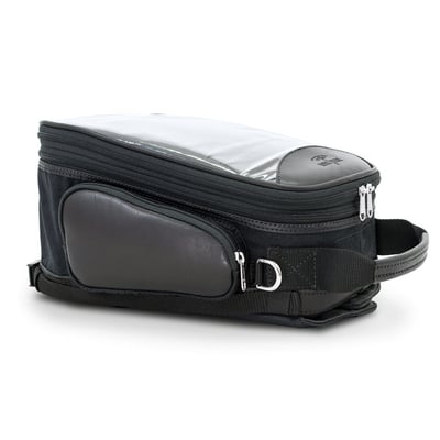Strong canvas material, finished with genuine aged ranger leather. 
The bag can be extended to increase its volume, only when required to prevent an unnecessary  'bulky' bag. 
The touch screen of your device through the 'see-through' PVC window. 
A total of 8 strong magnets will hold your bag slip-free on the fuel tank. 
The tank bag is waterproof, through the integrated rain cover. 
For off-bike use you can use the integrated carrier handle, for more comfort an optional shoulder belt is available as 970952 black or 970953 brown. 
Dimensions: 31 x 17 x 22cm, extendable to 31 x 25 x 22cm. 
Capacity: 9 Liter, extendable to 14.5 liter.