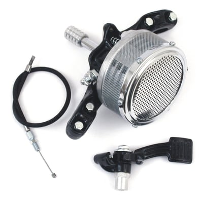 Early style reproduction mechanical siren. 
Pressed steel cover. 
Foot pedal operated by pushing the siren driveshaft to the tire. 
Sounds similar to the early warning air-raid attack sirens in World War II. 
If you've never heard one of these before, you're in for a howlin' surprise! 
Siren comes complete as shown. 