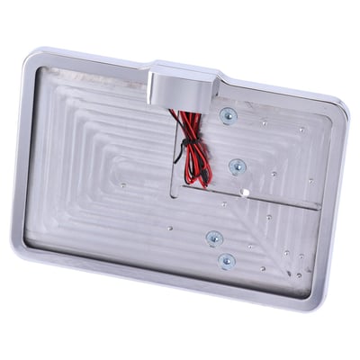 Polished aluminum. Side mount on shock. Brackets take 143mm x 210mm EU sized license plates. Includes LED 'Largelight' license plate illumination. 
The license plate actually slides inside the license plate bracket from the underside and is secured on the back side with a, virtually invisible, set-screw. 
A very clean system.