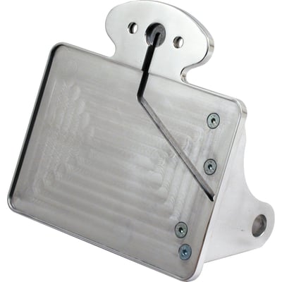 For German 200x200mm sized license plates. Polished aluminum. With cateye taillight. On-axle side mount, fits with 3/4" (19mm) wheel axles.