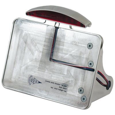 Polished, with LED arch taillight (EC appr. lens), for German 200x200mm sized license plate, side mount, 1 inch axle