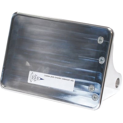 Polished aluminum. Universal use. On axle mount, fits 3/4" (19mm) diameter wheel axles. No lighting options. Takes 143mm x 210mm EU sized license plate.