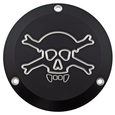 Black anodized billet aluminum with 'Skull & Bones' design engraving. 