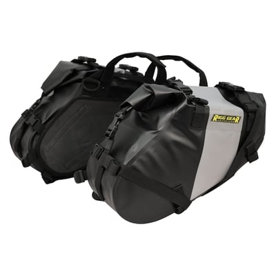 - Waterproof roll closure with quick release buckles 
- Made from heavy duty UV-treated PVC Tarpaulin material 
- All seams are electronically heat welded 
- Secure mounting using hook & loop straps and tension buckles 
- Quick release buckles on top and bottom to secure additional gear 
- Removable stiffener allows bag to hold its shape when empty 
- Firm internal back panels helps support bag 
- Replaceable back pad protects bags from contact with fender 
- Throw-over style fits most off-road motorcycles, rack not needed 
- Air Purge valve makes compression easy 
- Main compartment measures: 17" (43cm) long x 7" (18cm) wide x 9" (23cm) high 
- Holds approx. 14 liters per side