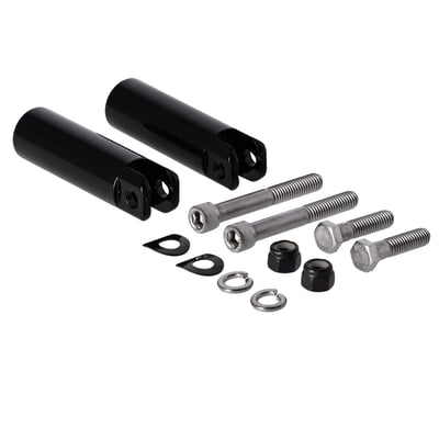 Bolt-on adapter/conversion brackets, used to install passenger pegs on Softailmodels that are not factory-equipped with passenger pegs. Compatible with all H-D traditional male mount pegs, which gives you an enormous choice in foot peg designs. 
- Compatible with all H-D traditional male mount foot pegs 
- 3-7/8" (54mm) long 
- Cold rolled steel construction 
- Black powder coated finish 
- Grade 8 mounting hardware 
- Easy bolt-on installation 
Note: Regular M8 pegs will not fit.