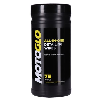 '- Includes: 75 wipes of 20cm x 25cm 
- Dispenser dimensions: 24cm high x 11cm diameter. 
This are detailing wipes, designed to clean your bike without or with little water, depending on the amount of dust, dirt and grime. MotoGlo wipes are pre-moistened with a special Eco-Friendly, non-aggressive & chemical-free fluid. Safe for your hands and for any surface on your bike, but with incredible cleaning characteristics. After the cleaning routine the MotoGlo wipe will 'fill the surface', on a molecular level, to help prevent new dirt attaching but also protects against salt, greasy fingers, UV radiation and by doing so it even intensifies gloss. This protection-effect will increase with every new cleaning. 
The optional 984573 Microfiber polishing cloth will create the perfect surface finish.
