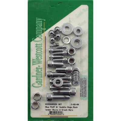 Chrome plated. Kit includes hardware for saddlebags, racks, fender rails and a engine guard / crash bar mount set.