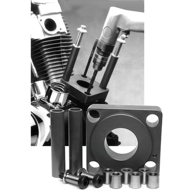 Used to drill-out stripped cylinder stud threads, up to 4" bore, in the crankcases. This tool will hold the centerline and squareness. Can be used with engine in the frame when used with a angled head drill. 
Note: Helicoils or similar not included.