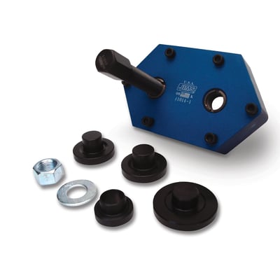 Used to install and remove the transmission trapdoor bearings OEM 8998 (80-98 B.T.) or 8992 (99-06 5-sp B.T.); Can also be used to remove the transm. door for replacement without removing the complete transmission assembly;
Note: Door bearings must be replaced when using this tool to pull the door off the transmission case.