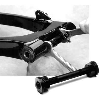 Used to install the swingarm in a 5-speed rubber mount frame. When the bushing assemblies (cleve blocks) are replaced they need to be positioned to install in the rear of the transmission. This tool will spread the swingarm bushing assembly allowing the installation of the swingarm. 
Note: See 978378 JIMS cleve block bushing assembly tool for bushing removal and installation.