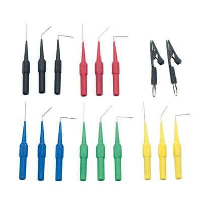 17-piece kit. Used for precise and non damaging diagnostic work. Pins can be used with standard style 4mm banana plug connectors, common with most multimeters. Includes straight, 45° and 90° probes for hard to reach terminals and regular alligator clips. All probes are fully insulated with 30V protection.