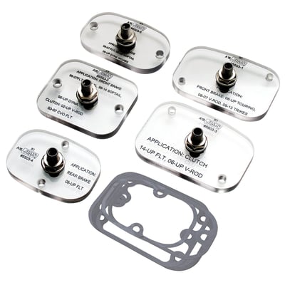 Consists of 5 transparent master cylinder covers which have a bleeder cap on top. With a, not included, vacuum pump the fluid is pulled by vacuum from the caliper / clutch actuating piston to the master cylinder, to help prevent air entrapment in the hydraulic system. 
Note: Vacuum brake beeder system is separately available as 910622.