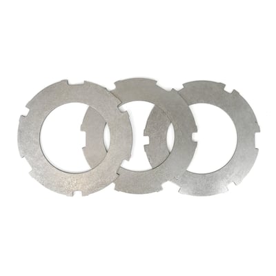 3 plate set. Custom style, without anti-rattle buffers.
The stock OEM style clutch of 41-67 early models use 3 steels and 4 frictions, later 68-E84 models require 4 steels and 5 frictions. but physical dimensions are identical.
OEM style replacement reference 37975-41 (2487-41) and 37975-81 (which have anti-rattle buffers)