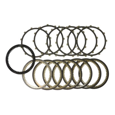 Incl. 6x externally splined Carbonite single side friction plates , 6x internally splined Carbonite single side friction plates, 1x double side Carbonite friction plate. Complete Carbonite® PowerPack® 'Maximum Effort' clutch kits with friction & steel plates. Developed to handle the power and torque of Big Inch / High-Performance engines on the streets today. This Carbonite clutch kit features an extra friction plate and steel drive plate, which increases the clutch area for greater holding. The friction plates are lined with 3M carbon based material, which is capable of withstanding higher temperatures, offers a higher coefficient of friction than anything else available today. 
The steel drive plates are 'Performance Steel™' which have a surface Ra value (Roughness average) of just 2-10 micro inches. Regular steels have an Ra value between 15 to 25 micro Inches. A microscope will show you less peaks and valleys on Alto's 'Performance Steel™'. This will improve performance, durability, engagement and offer a longer life and cooler running. 
OEM replacement reference 37930-84A and 37931-84