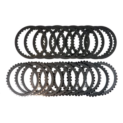 Incl. 9x externally splined Carbonite single side friction plates , 9x internally splined Carbonite single side friction plates, 1x double side Carbonite friction plate. Complete Carbonite® PowerPack® 'Maximum Effort' clutch kits with friction & steel plates. Developed to handle the power and torque of Big Inch / High-Performance engines on the streets today. This Carbonite clutch kit features an extra friction plate and steel drive plate, which increases the clutch area for greater holding. The friction plates are lined with 3M carbon based material, which is capable of withstanding higher temperatures, offers a higher coefficient of friction than anything else available today. 
The steel drive plates are 'Performance Steel™' which have a surface Ra value (Roughness average) of just 2-10 micro inches. Regular steels have an Ra value between 15 to 25 micro Inches. A microscope will show you less peaks and valleys on Alto's 'Performance Steel™'. This will improve performance, durability, engagement and offer a longer life and cooler running. 
OEM replacement reference 37911-90