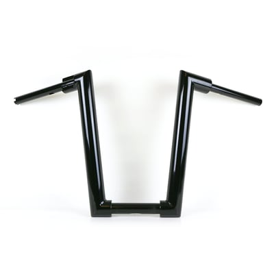 With approval. Gloss black powder coated Super Fat 2" (51mm) diameter handlebar. 
- Extra tall. 43cm high x 80cm wide x 26cm lower width x 13cm pullback 
- Riser clamp area 1-1/4" (32mm) diameter x 140mm wide 
- E-throttle 
- Okay for heated grips 
- Slotted for internal wiring 
- Wiring slot facing down 
Note: Check your local MCS dealer or the MCS sales department for exact type of approval and validity on bike model and years on the test report.