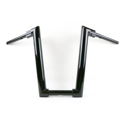 With approval. Gloss black powder coated Super Fat 2" (51mm) diameter handlebar. 
- Extra tall. 43cm high x 80cm wide x 26cm lower width x 13cm pullback 
- Riser clamp area 1-1/4" (32mm) diameter x 140mm wide 
- E-throttle 
- Okay for heated grips 
- Slotted for internal wiring 
- Wiring slot facing down. 
Note: Check your local MCS dealer or the MCS sales department for exact type of approval and validity on bike model and years on the test report. 
Note: Original risers of some models are too wide and may not fit. 979860 Kodlin Big Block risers are advised for all H-D with 1-1/4" (32mm) diameter at the risers, excl. M8 Breakout models for which 599573 Breakout lower risers are advised. When stock risers are a (too) tight fit do not install. 