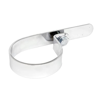 Chrome plated universal P-clamp, made from steel, with an 3" (7.6cm) inside diameter. Offset and with medium long mount strip. 
