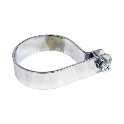Chrome plated steel. 3" (7.6cm) inside diameter. Offset and with a short mount strip. 
