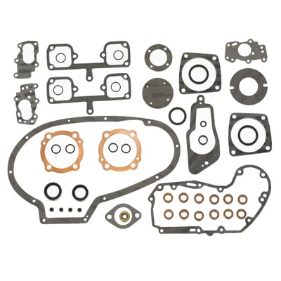 3-3/16" bore. 
With 0.5mm (.020") copper cylinder head gaskets and 0.75mm (.030") reinforced fiber cylinder base gaskets. 
1.5mm (.060") thick AFM (Aluminum Foamet Material) primary cover gasket. 
Complete with all gaskets, O-rings, seals and primary gaskets required for a complete engine overhaul. 
OEM replacement reference 17026-72. 